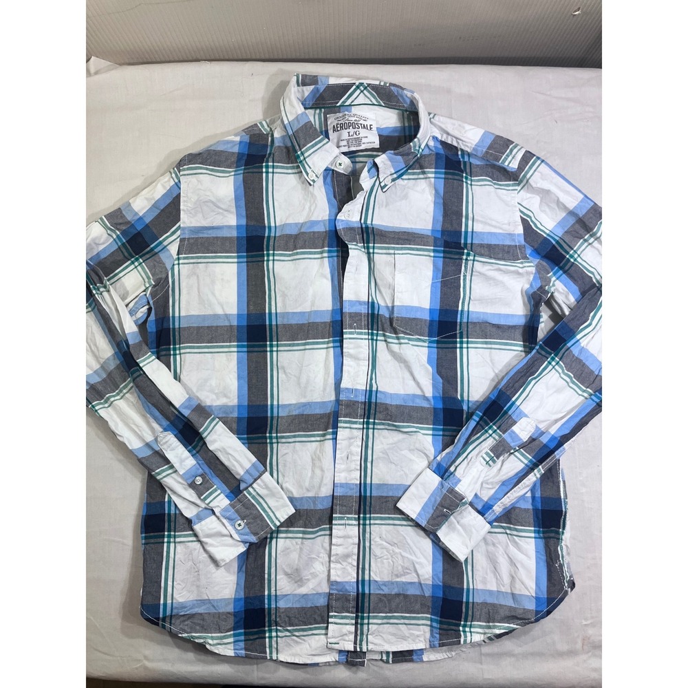 Aeropostale Mens Large Plaid Button Down Shirt Blue Green White Long Sleeve Cott